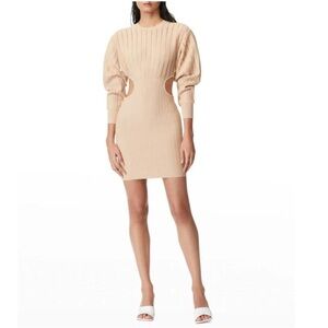 Herve Leger Paris Ribbed Midi Dress in Camel with Black Stripes